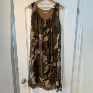 Elena Baldi Dress Sleeveless Camo Green Brown Silk Blend Size Medium Midi Italy